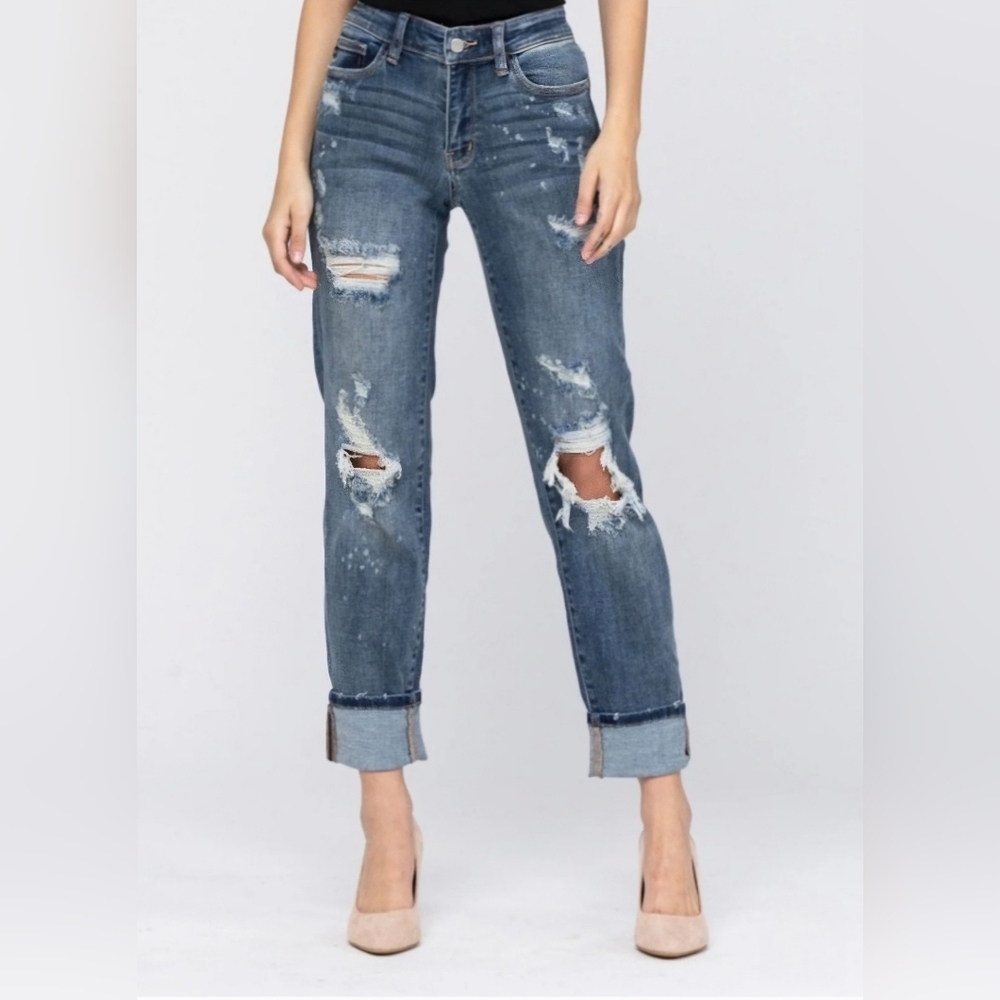 JUDY BLUE Boyfriend Fit jeans destroyed bleach spotted mid rise stretch denim